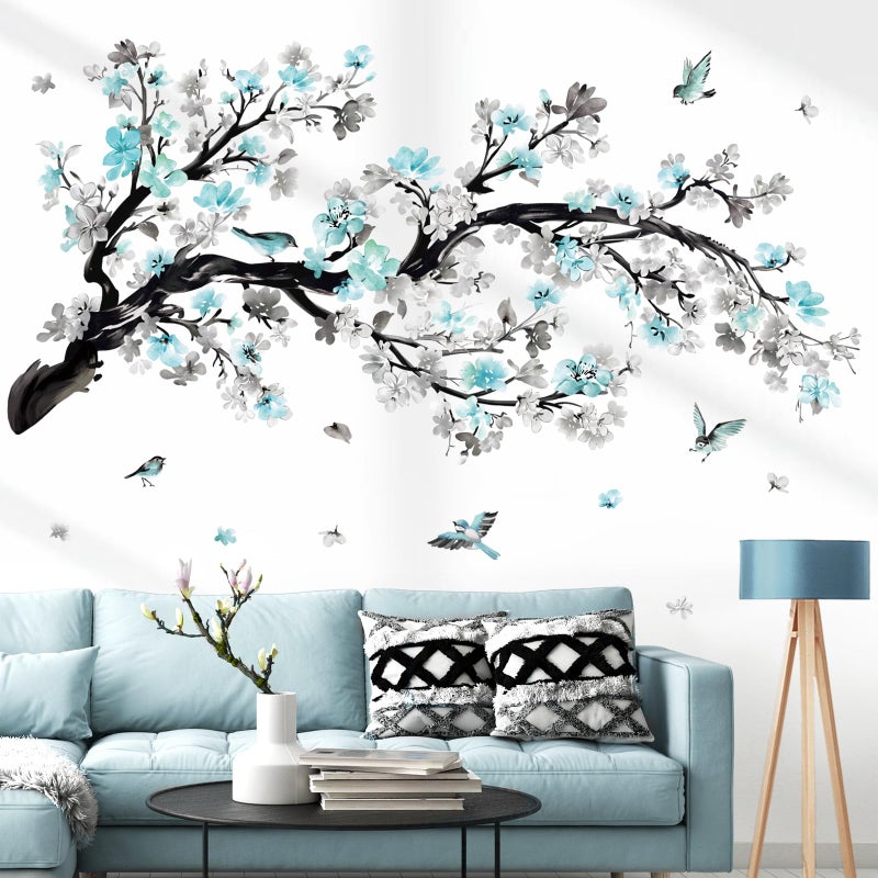 wondever Watercolor Blue Flower Branch Wall Stickers Blossom Tree Floral Birds Peel and Stick Wall Art Decals for Living Room Bedroom Sofa Background - Image 2