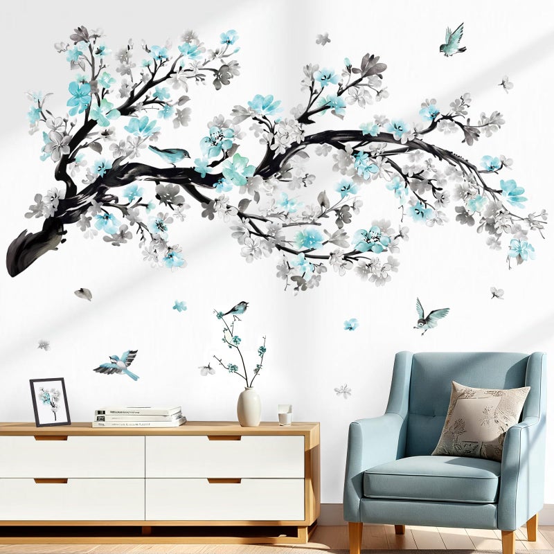 wondever Watercolor Blue Flower Branch Wall Stickers Blossom Tree Floral Birds Peel and Stick Wall Art Decals for Living Room Bedroom Sofa Background - Image 3