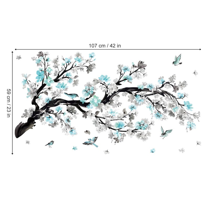 wondever Watercolor Blue Flower Branch Wall Stickers Blossom Tree Floral Birds Peel and Stick Wall Art Decals for Living Room Bedroom Sofa Background - Image 4