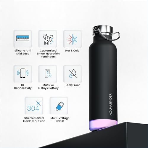 Aquaminder Smart Water Bottle | RGB LED Glow & Timer Hydration Reminder with BT Mobile Phone Connection, Thames with App 600 ML (Black) - Image 3