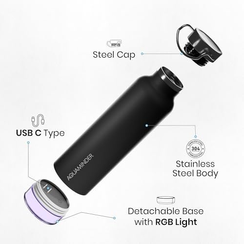 Aquaminder Smart Water Bottle | RGB LED Glow & Timer Hydration Reminder with BT Mobile Phone Connection, Thames with App 600 ML (Black) - Image 4