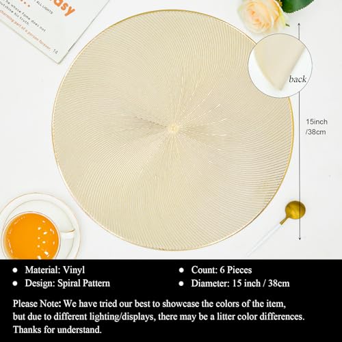 AdasBridal Gold Round Placemats Set of 6, 15 Inch Vinyl Place Mats Waterproof Heat Resistant Non Slip Washable Table Mats for Dinner Party Table Decoration - Image 2