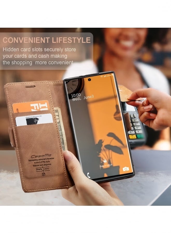For Samsung Galaxy S23 Ultra Case, Luxury Leather Wallet Cover, Leather Wallet Case Classic Design with Card Slot and Magnetic Flip Flip Folding Case Brown - Image 2