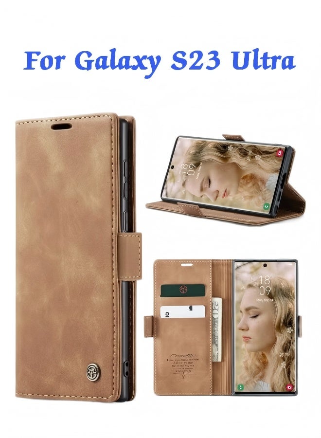 For Samsung Galaxy S23 Ultra Case, Luxury Leather Wallet Cover, Leather Wallet Case Classic Design with Card Slot and Magnetic Flip Flip Folding Case Brown - Image 1