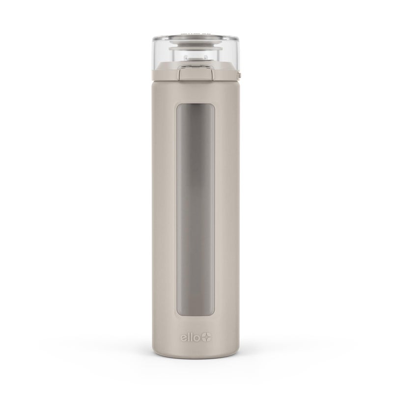 Ello Syndicate 20oz Reusable Glass Water Bottle with One-Touch Leak Proof Flip Lid, Protective Non-Slip Silicone Sleeve, Carry Loop for Coffee, Tea and Water, BPA-free, Dishwasher Safe, Sand - Image 1