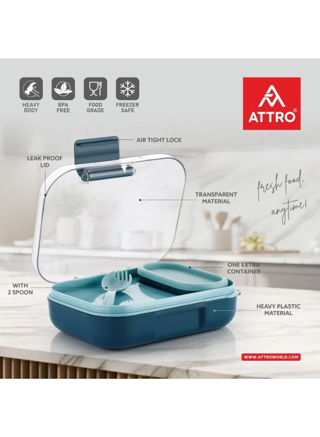 ATTRO صندوق غداء بلاستيكي للأطفال من فود بايت 3 أقسام وعاء صغير وملعقة مع غطاء أنيق خالٍ من مادة BPA آمن للاستخدام في الفريزر مثالي للمدرسة والسفر والأنشطة الخارجية أزرق 500 مل - Image 2