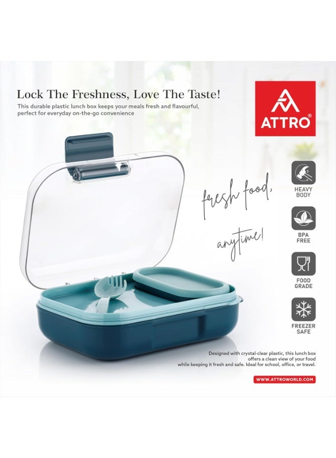 ATTRO صندوق غداء بلاستيكي للأطفال من فود بايت 3 أقسام وعاء صغير وملعقة مع غطاء أنيق خالٍ من مادة BPA آمن للاستخدام في الفريزر مثالي للمدرسة والسفر والأنشطة الخارجية أزرق 500 مل - Image 4