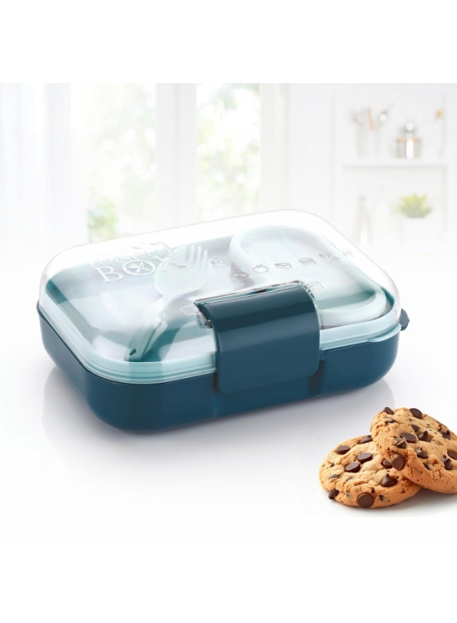 ATTRO صندوق غداء بلاستيكي للأطفال من فود بايت 3 أقسام وعاء صغير وملعقة مع غطاء أنيق خالٍ من مادة BPA آمن للاستخدام في الفريزر مثالي للمدرسة والسفر والأنشطة الخارجية أزرق 500 مل - Image 1