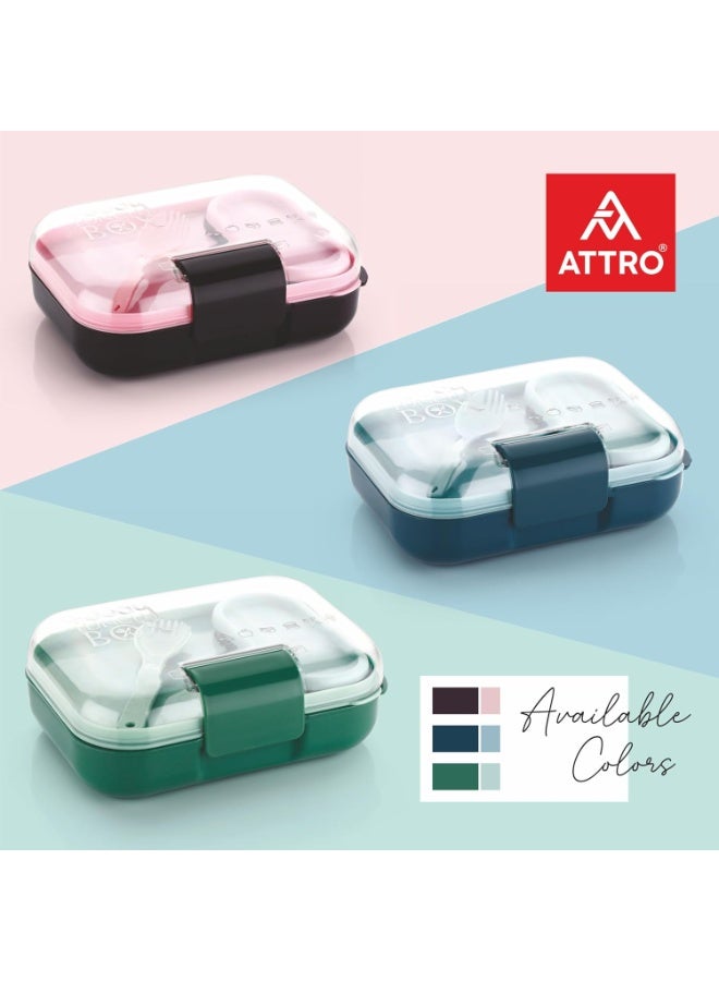 ATTRO صندوق غداء بلاستيكي للأطفال من فود بايت 3 أقسام وعاء صغير وملعقة مع غطاء أنيق خالٍ من مادة BPA آمن للاستخدام في الفريزر مثالي للمدرسة والسفر والأنشطة الخارجية أزرق 500 مل - Image 3