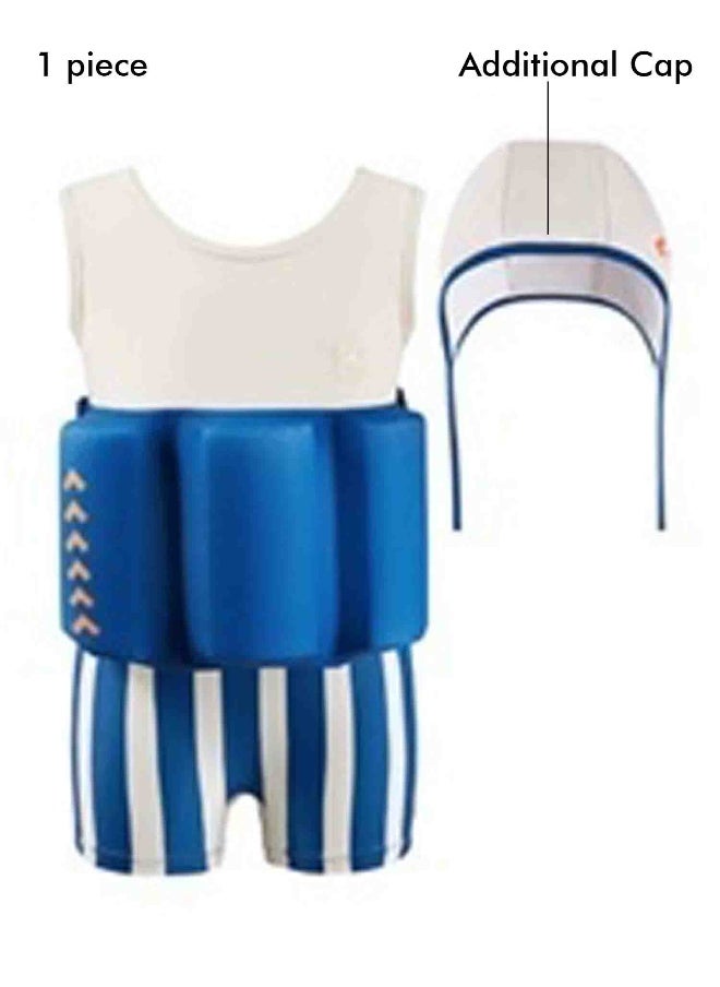 LITTLE SURPRISE BOX - White & Blue Stripes Kids Swimsuit with attached Swim Floats with matching tie up cap in UPF 50+ - Image 1