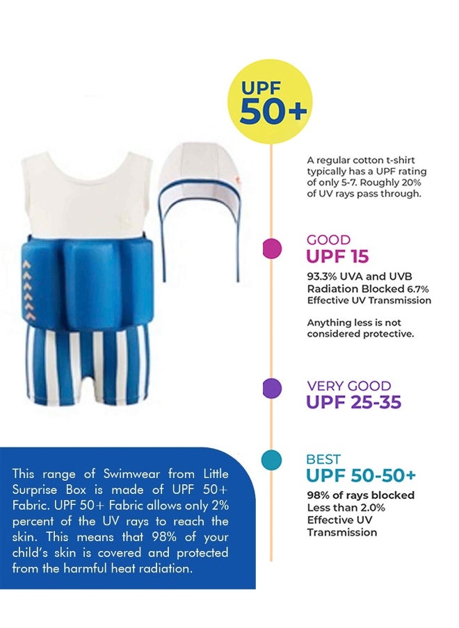 LITTLE SURPRISE BOX - White & Blue Stripes Kids Swimsuit with attached Swim Floats with matching tie up cap in UPF 50+ - Image 1