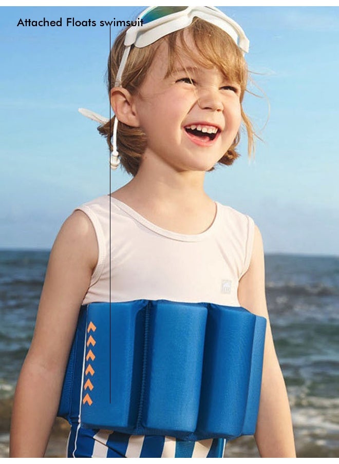 LITTLE SURPRISE BOX - White & Blue Stripes Kids Swimsuit with attached Swim Floats with matching tie up cap in UPF 50+ - Image 1