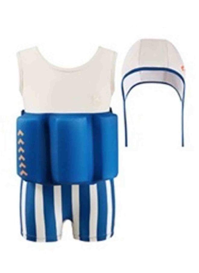 LITTLE SURPRISE BOX - White & Blue Stripes Kids Swimsuit with attached Swim Floats with matching tie up cap in UPF 50+ - Image 1