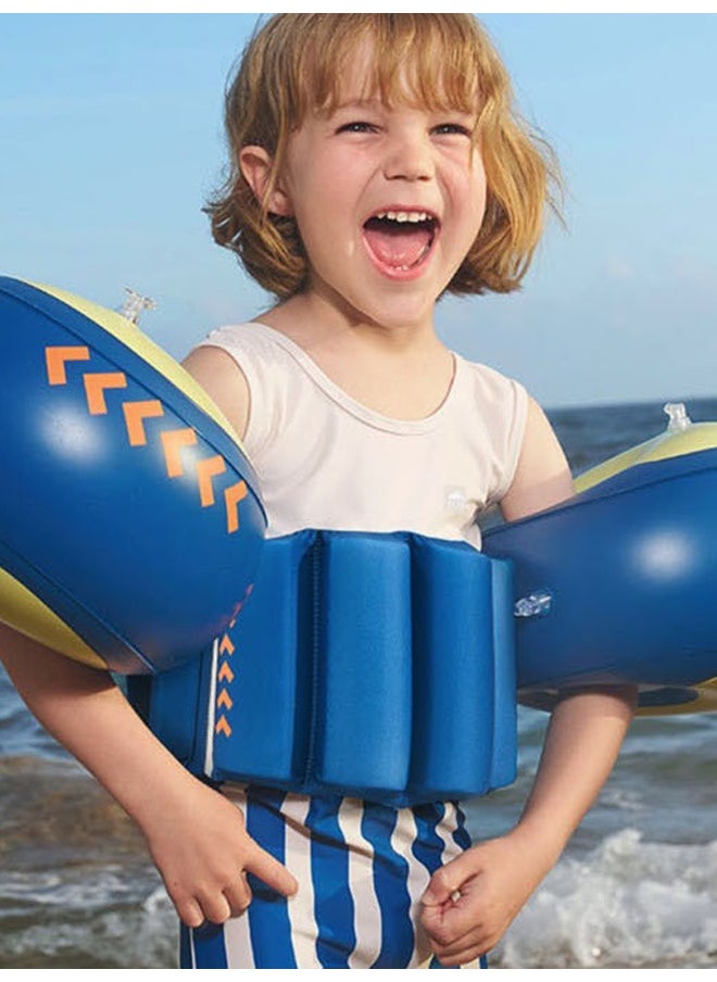 LITTLE SURPRISE BOX - White & Blue Stripes Kids Swimsuit with attached Swim Floats with matching tie up cap in UPF 50+ - Image 1