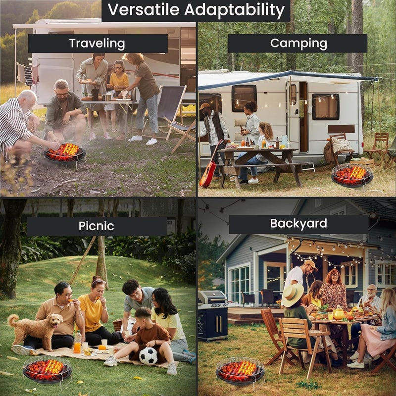 إسكدنيا شواية فحم محمولة دائرية | 4 مجموعة | 4 أسياخ | 1 قفاز | 1 ملقط | أدوات شواء قابلة للطي للمنزل والتخييم والنزهات والسفر والطهي (عبوة من 1، أسود) - Image 4