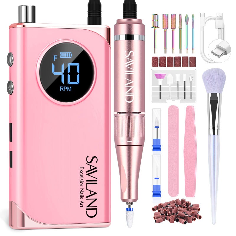 SAVILAND Electric Nail Drill Professional: 40000RPM Pink Rechargeable Electric Nail Filer with 6000mAh Battery, for Shaping, Removing & Polishing Acrylic Nails Home Salon Manicure Pedicure Ideal Gift - Image 1