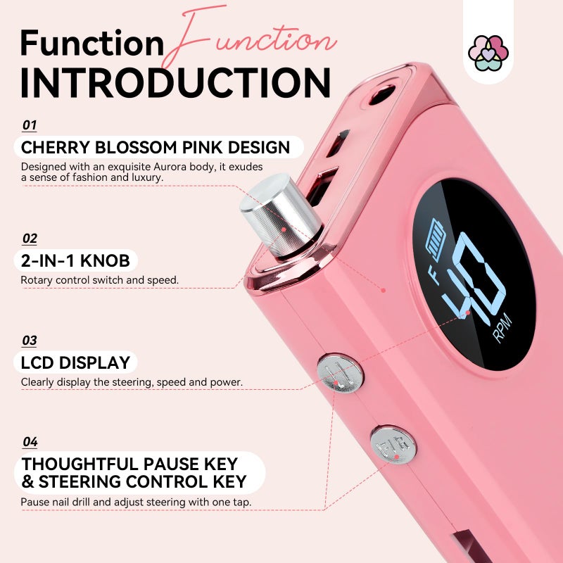 SAVILAND Electric Nail Drill Professional: 40000RPM Pink Rechargeable Electric Nail Filer with 6000mAh Battery, for Shaping, Removing & Polishing Acrylic Nails Home Salon Manicure Pedicure Ideal Gift - Image 5