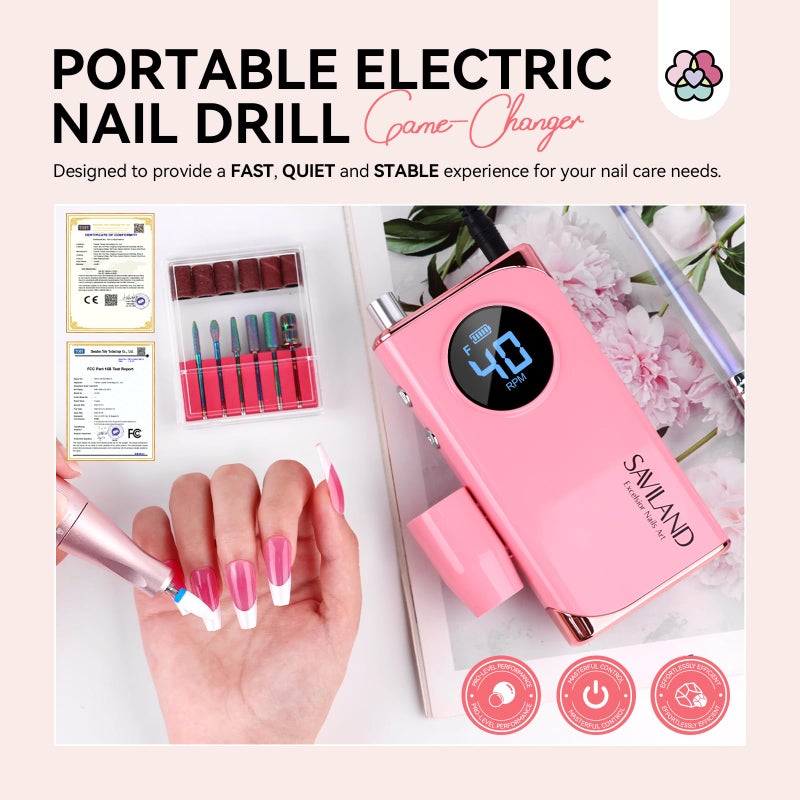 SAVILAND Electric Nail Drill Professional: 40000RPM Pink Rechargeable Electric Nail Filer with 6000mAh Battery, for Shaping, Removing & Polishing Acrylic Nails Home Salon Manicure Pedicure Ideal Gift - Image 4