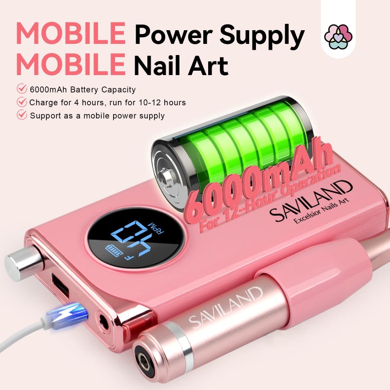 SAVILAND Electric Nail Drill Professional: 40000RPM Pink Rechargeable Electric Nail Filer with 6000mAh Battery, for Shaping, Removing & Polishing Acrylic Nails Home Salon Manicure Pedicure Ideal Gift - Image 3