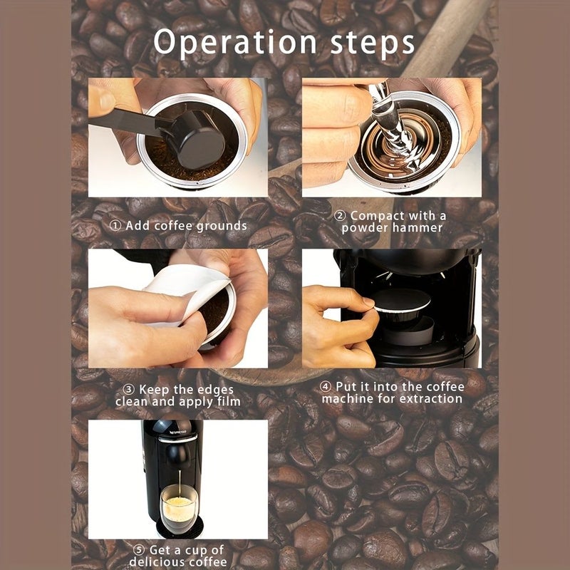 Reusable Aluminum Coffee Capsules Compatible for Nespresso Vertuo Refillable Pods with Sealing Foil Cost Effective No Waste Pressing Powder Spoon - Image 5