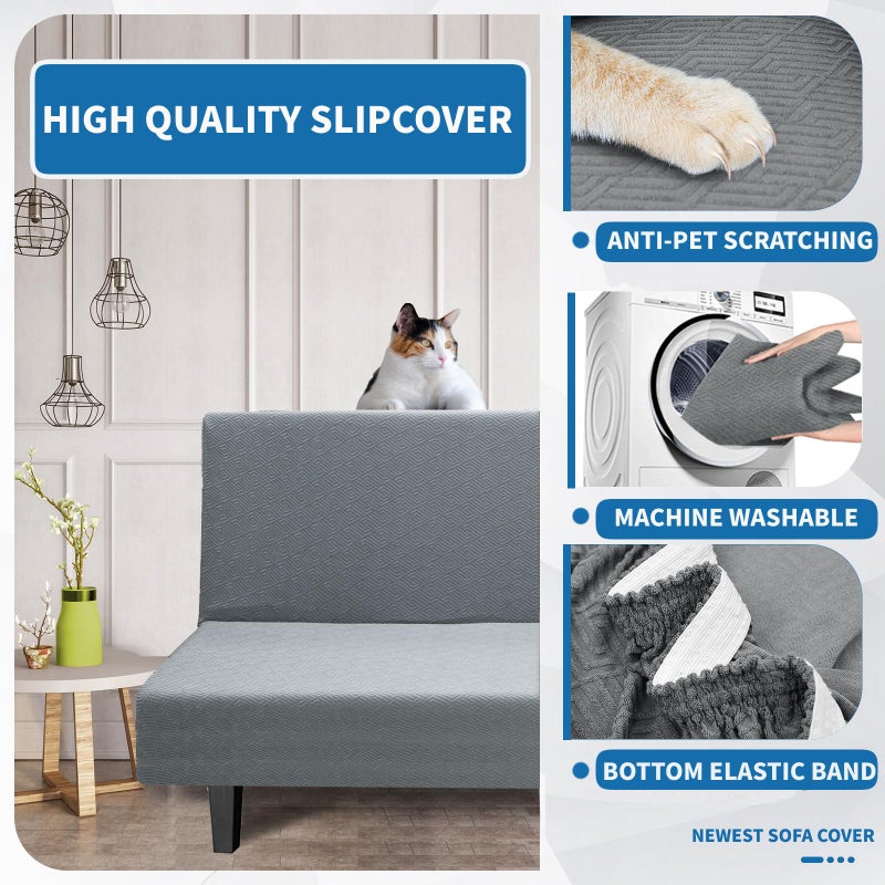 XINEAGE 2026 New Futon Cover Full Size Stretch Armless Sofa Bed Cover Anti-Slip Furniture Protector Without Armrests Futon Slipcover with Elastic Bottom (67"-82", Light Gray) - Image 5