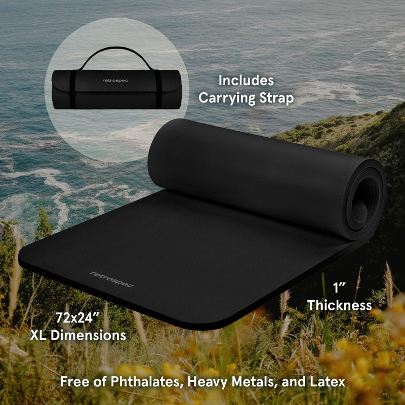 Retrospec Solana Yoga Mat 1" Thick w/Nylon Strap for Men & Women - Non Slip Exercise Mat for Home Yoga, Pilates, Stretching, Floor & Fitness Workouts - Black - Image 3