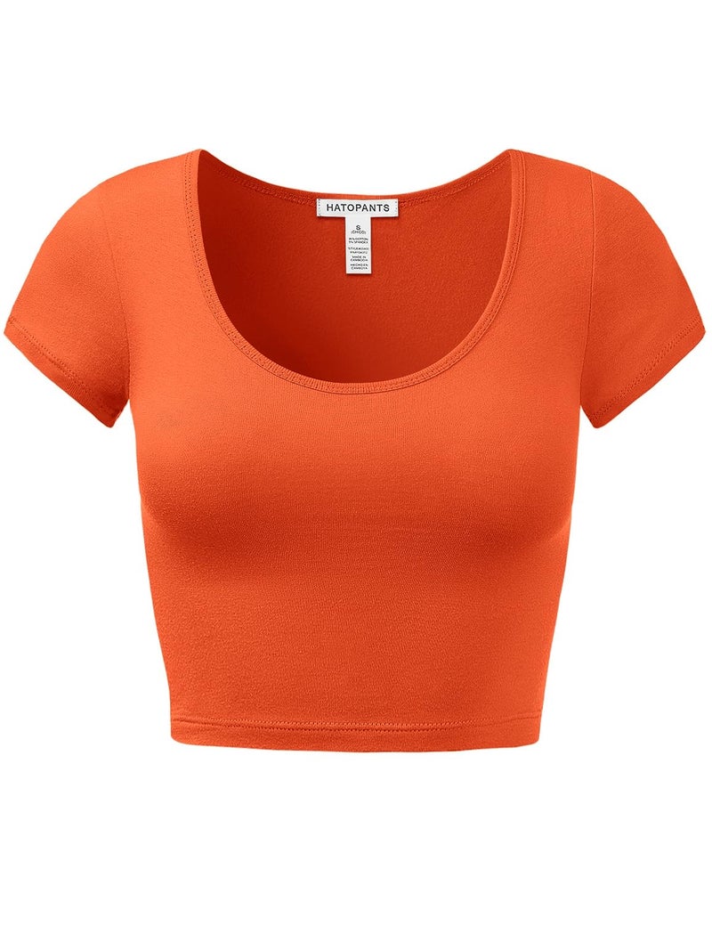 HATOPANTS Women's Cotton Crop Tops Short Sleeve Scoop Neck Stretchy Casual Shirt Orange L - Image 1