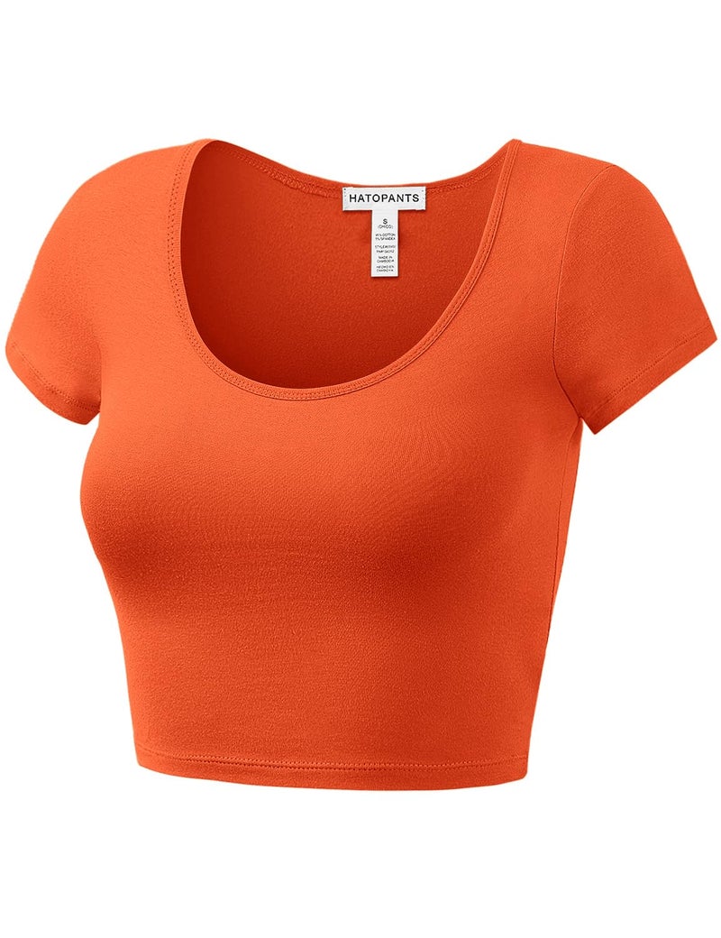 HATOPANTS Women's Cotton Crop Tops Short Sleeve Scoop Neck Stretchy Casual Shirt Orange L - Image 2