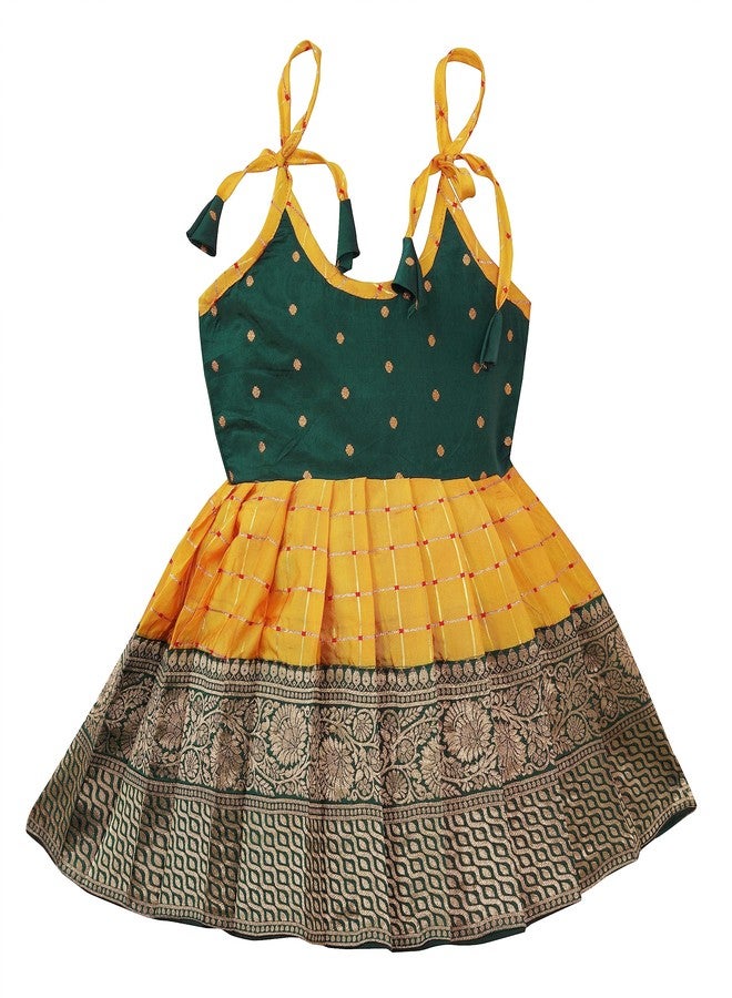 Suzvan Baby Girls Knee Length Traditional Pattu Pavadai Frock Dress(Green & Yellow_6-12 Months) - Image 1
