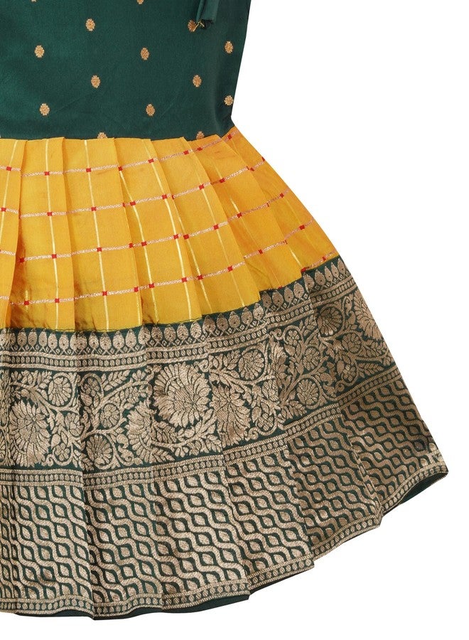 Suzvan Baby Girls Knee Length Traditional Pattu Pavadai Frock Dress(Green & Yellow_6-12 Months) - Image 4