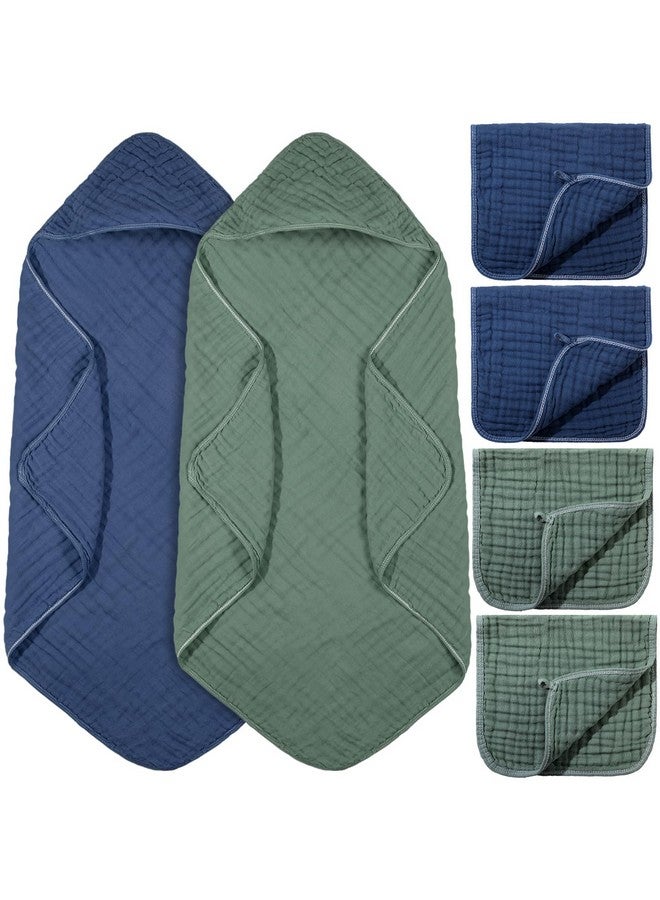 VitalCozy 6 Pcs Baby Muslin Hooded Bath Towels and Washcloths, 32 x 32 Inch Cotton Absorbent Blankets for Newborn Infant Shower Gift (Green, Blue) - Image 1