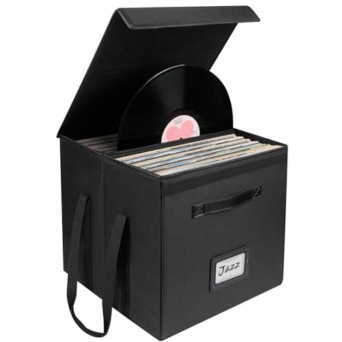 Uniclife Vinyl Record Storage Box Collapsible LP Storage Organizer with Lid Handles SplashResistant Album Storage Crate for 80 Single Records 12 Black Vinyl Record Holder 13 13 13 - Image 1
