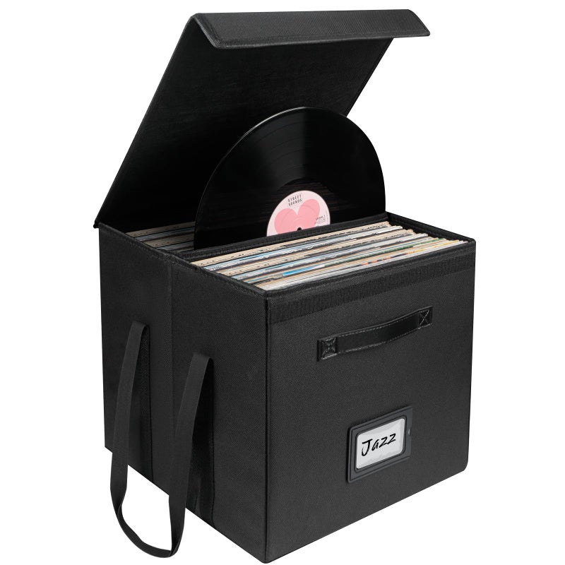 Uniclife Vinyl Record Storage Box Collapsible LP Storage Organizer with Lid Handles SplashResistant Album Storage Crate for 80 Single Records 12 Black Vinyl Record Holder 13 13 13 - Image 2