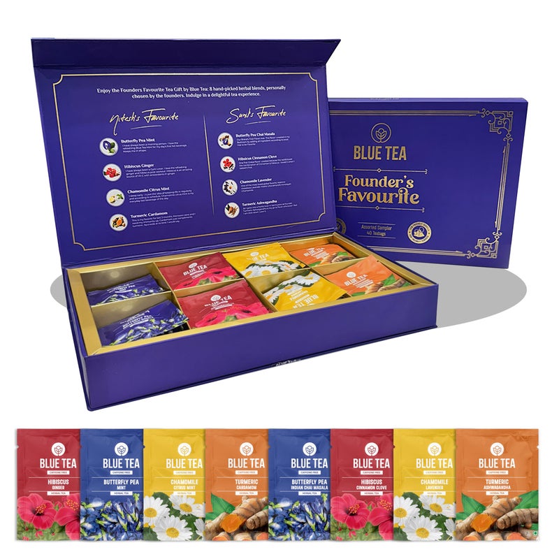 BLUE TEA شاي أزرق - هدية المؤسس المفضلة | 8 نكهات متنوعة | 40 كيس شاي | نباتي | خالي من الكافيين - خالي من الجلوتين - خالي من السكر - شاي عشبي | صندوق هدايا فاخر | مجموعة هدايا شاي مميزة - Image 1