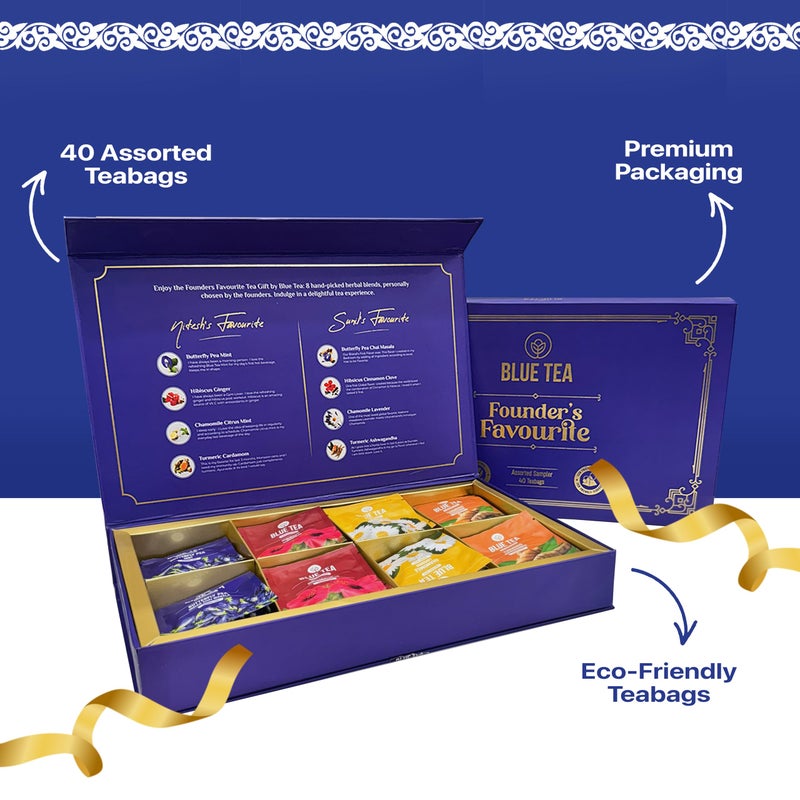 BLUE TEA شاي أزرق - هدية المؤسس المفضلة | 8 نكهات متنوعة | 40 كيس شاي | نباتي | خالي من الكافيين - خالي من الجلوتين - خالي من السكر - شاي عشبي | صندوق هدايا فاخر | مجموعة هدايا شاي مميزة - Image 2