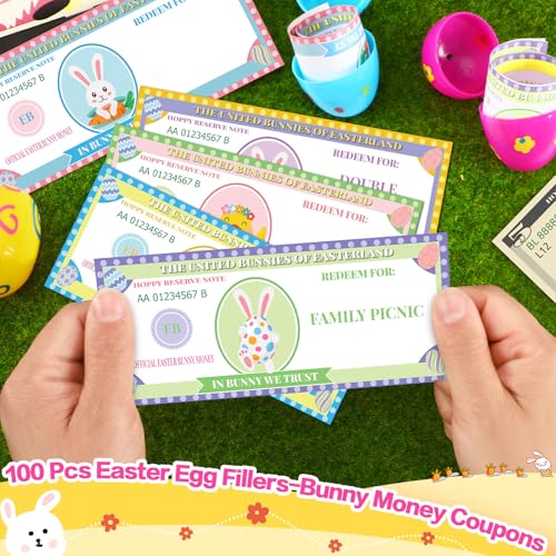 JULEASEL 100 Pcs Easter Egg FillersBunny Money Coupons Paper Easter Egg Tokens Basket Stuffers 60 Redeemable Coupons30 Blank DIY Coupons10 Bunny Dollars for Easter Activities - Image 5