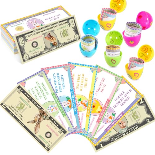 JULEASEL 100 Pcs Easter Egg FillersBunny Money Coupons Paper Easter Egg Tokens Basket Stuffers 60 Redeemable Coupons30 Blank DIY Coupons10 Bunny Dollars for Easter Activities - Image 1
