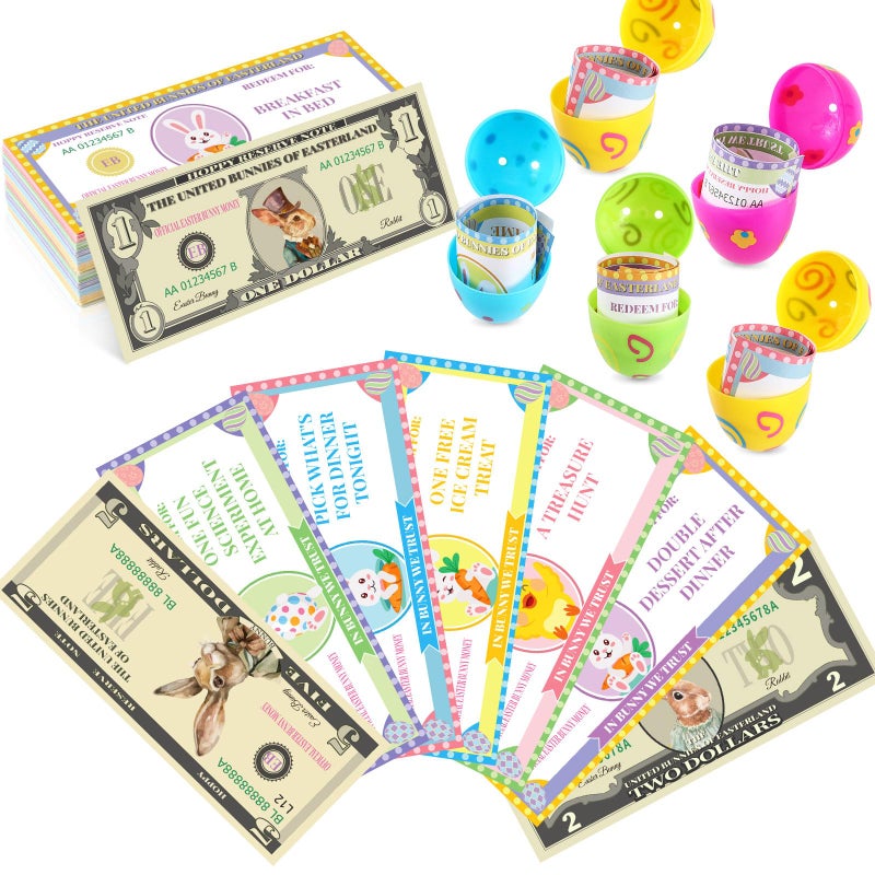 JULEASEL 100 Pcs Easter Egg FillersBunny Money Coupons Paper Easter Egg Tokens Basket Stuffers 60 Redeemable Coupons30 Blank DIY Coupons10 Bunny Dollars for Easter Activities - Image 3
