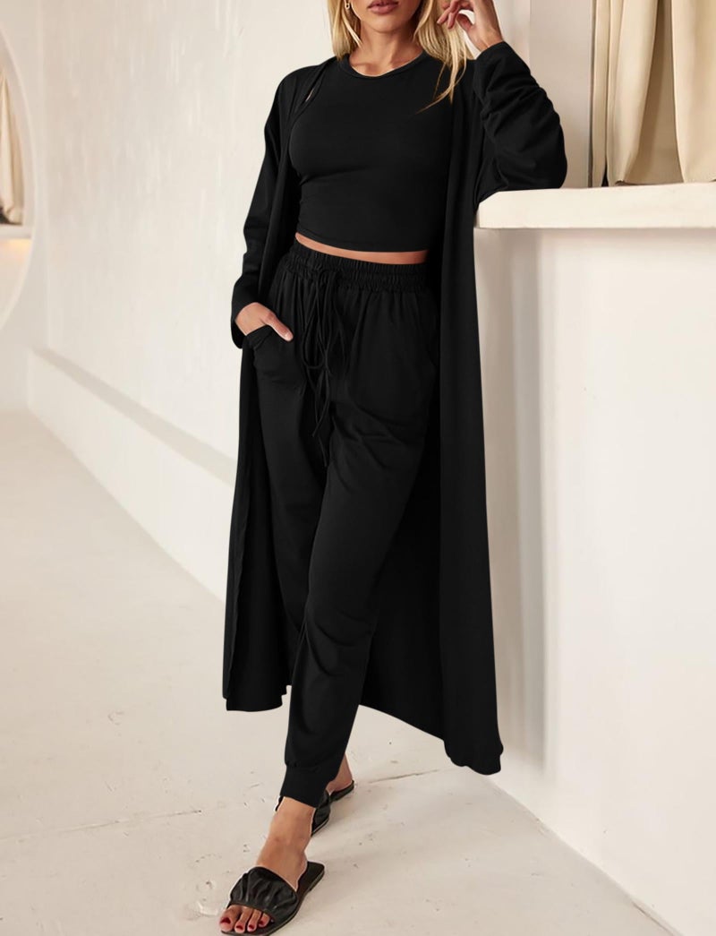 KIRUNDO 3 Piece Lounge Sets for Women Airport Travel Vacation Outfits Spring Cardigan Matching Sleeveless Top Jogger Pants(Black, XX-Large) - Image 4
