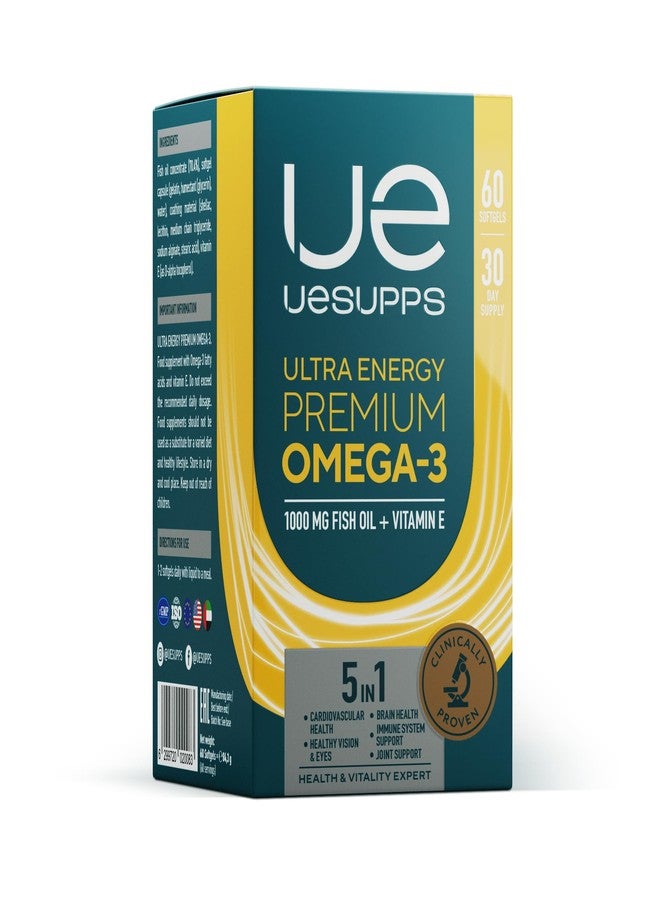 USUPPS Ultra Energy Omega-3 Fish Oil with Vitamin E, 1000mg Softgels, 5-in-1 Health Support for Cardiovascular, Brain, Vision, Immune System (60)