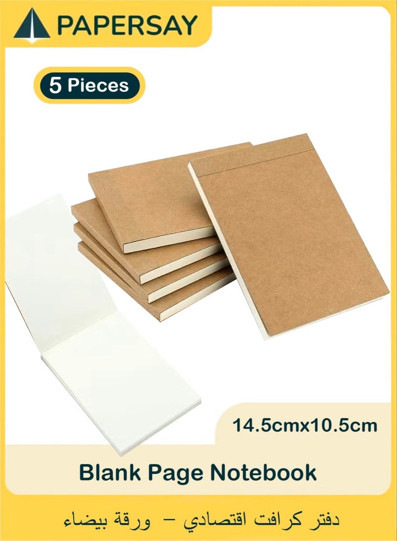 PAPERSAY 5 Pack 14.5cm×10.5cm Kraft Notebook Note Pad, Blank Page Journal, White Sheet Soft Cover Journal Sketch Book, 120 Pages/ 60 Sheets Memo Notepads Planner Perfect for Travel School - Image 1