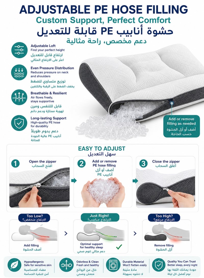 موندا وسادة رقبة طبية قابلة للتعديل للنوم على الجانب والظهر وسادة دعم الرقبة بتصميم مريح وعظام مع حشوة PE وغطاء قابل للإزالة والغسل وسادة نوم مريحة رمادي داكن 42×65×10 سم - Image 4