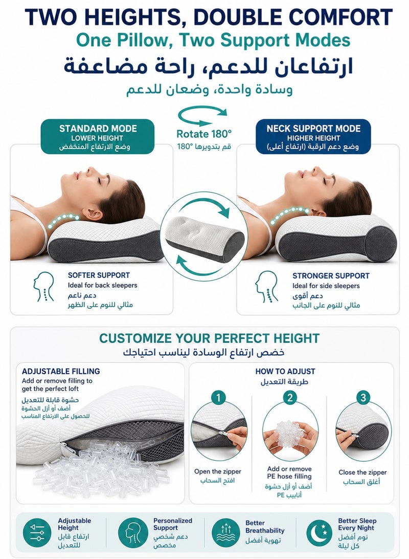 موندا وسادة رقبة طبية قابلة للتعديل للنوم على الجانب والظهر وسادة دعم الرقبة بتصميم مريح وعظام مع حشوة PE وغطاء قابل للإزالة والغسل وسادة نوم مريحة رمادي داكن 42×65×10 سم - Image 3