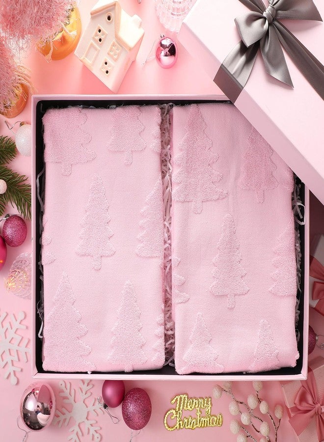 Breling 2 Pcs Christmas Hand Towels Pink Christmas Trees Bathroom Decorative Towels 100% Cotton Absorbent Jacquard Weave Bath Decor Winter Holiday Bathroom Decor Xmas Gifts 13.7''x29.5'' - Image 2