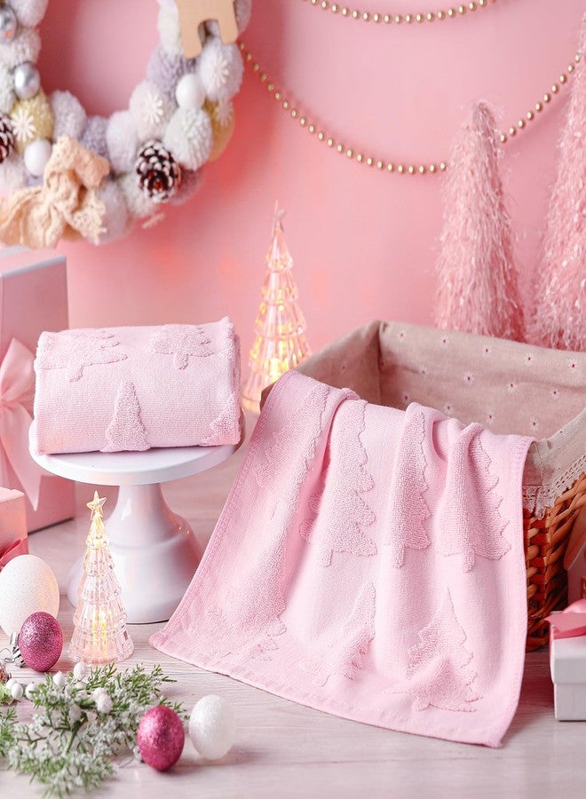 Breling 2 Pcs Christmas Hand Towels Pink Christmas Trees Bathroom Decorative Towels 100% Cotton Absorbent Jacquard Weave Bath Decor Winter Holiday Bathroom Decor Xmas Gifts 13.7''x29.5'' - Image 4