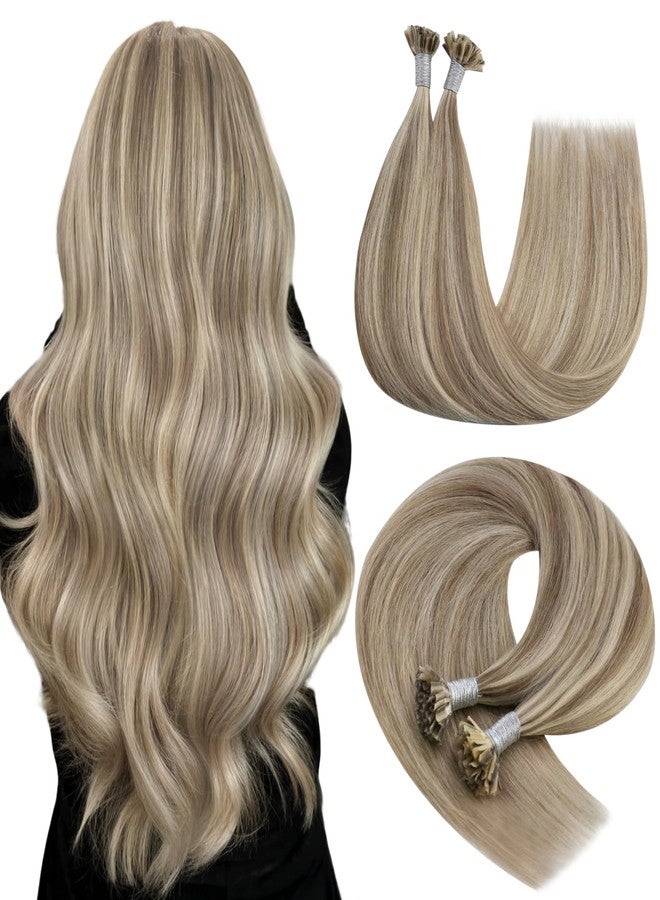 YoungSee U Tip Hair Extensions Light Brown U Tips Human Hair Extensions Highlight Light Brown with Blonde Keratin Hair Extensions U Tip Highlight 16In Hot Fusion Remy Hair Extensions K Tip 50s/50g - Image 1