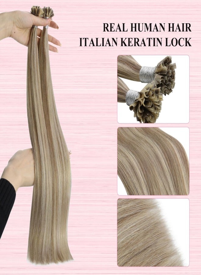 YoungSee U Tip Hair Extensions Light Brown U Tips Human Hair Extensions Highlight Light Brown with Blonde Keratin Hair Extensions U Tip Highlight 16In Hot Fusion Remy Hair Extensions K Tip 50s/50g - Image 3