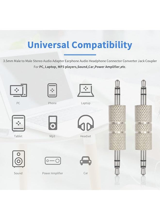 Duttek 3.5Mm Male To Male Audio Adapter Metal Silver 3 Pole 3.5Mm Stereo Jack To 3.5Mm Stereo Jack Adapter 1 8 Inch Male To Male Audio Headphone Jack Coupler Connectors 2 Pack  - Image 3