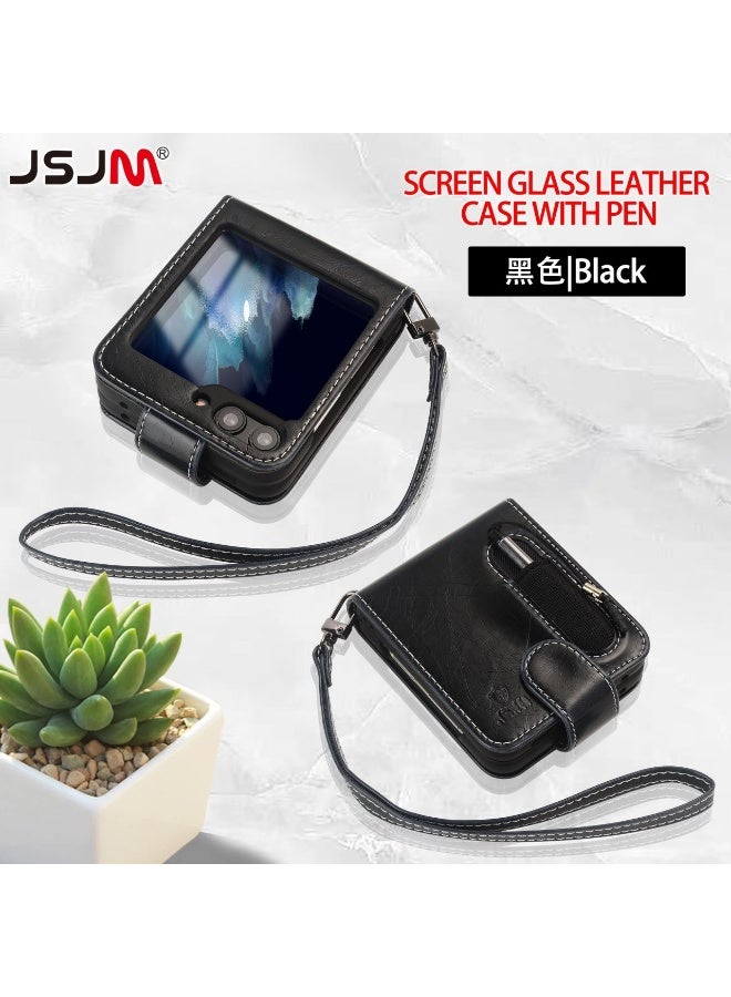 JSJM Galaxy FLIP 6 - JSJM  BOOK WITH GLASS + ZIP COVER LEATHER FASHION CASE FOR SAMSUNG GALAXY FLIP 6 (DESIGN- 119) [ Black Color ]