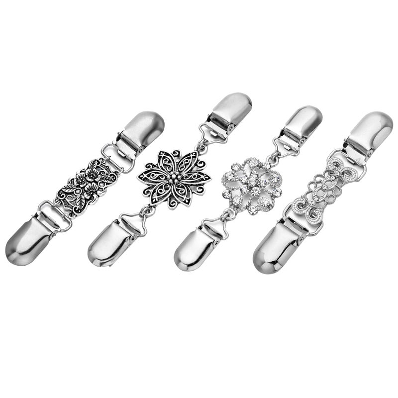 4pcs Sweater Shawl Clips Duckbill Clips Dresses Cardigan Collar Clips Flower Patterns Clip for Women Girls (Each 1pc for Floral Pattern + Silver with Rhinestone + Flower Pattern + without Rhinestone Pattern) - Image 1